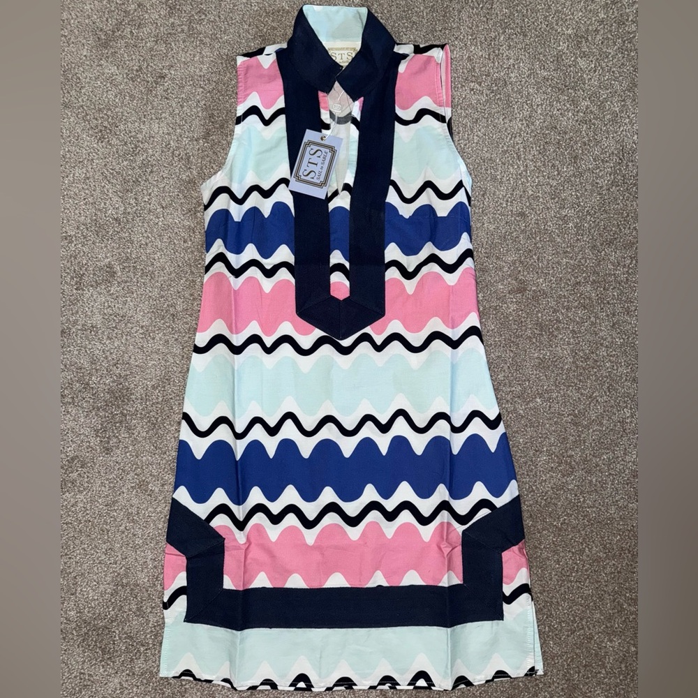 NWT Sail to Sable Tuckernuck Pink Blue Wave Print Tunic Dress XXS $188